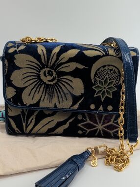 Tory Burch Navy Floral Velvet Crossbody Bag with Gold Chain